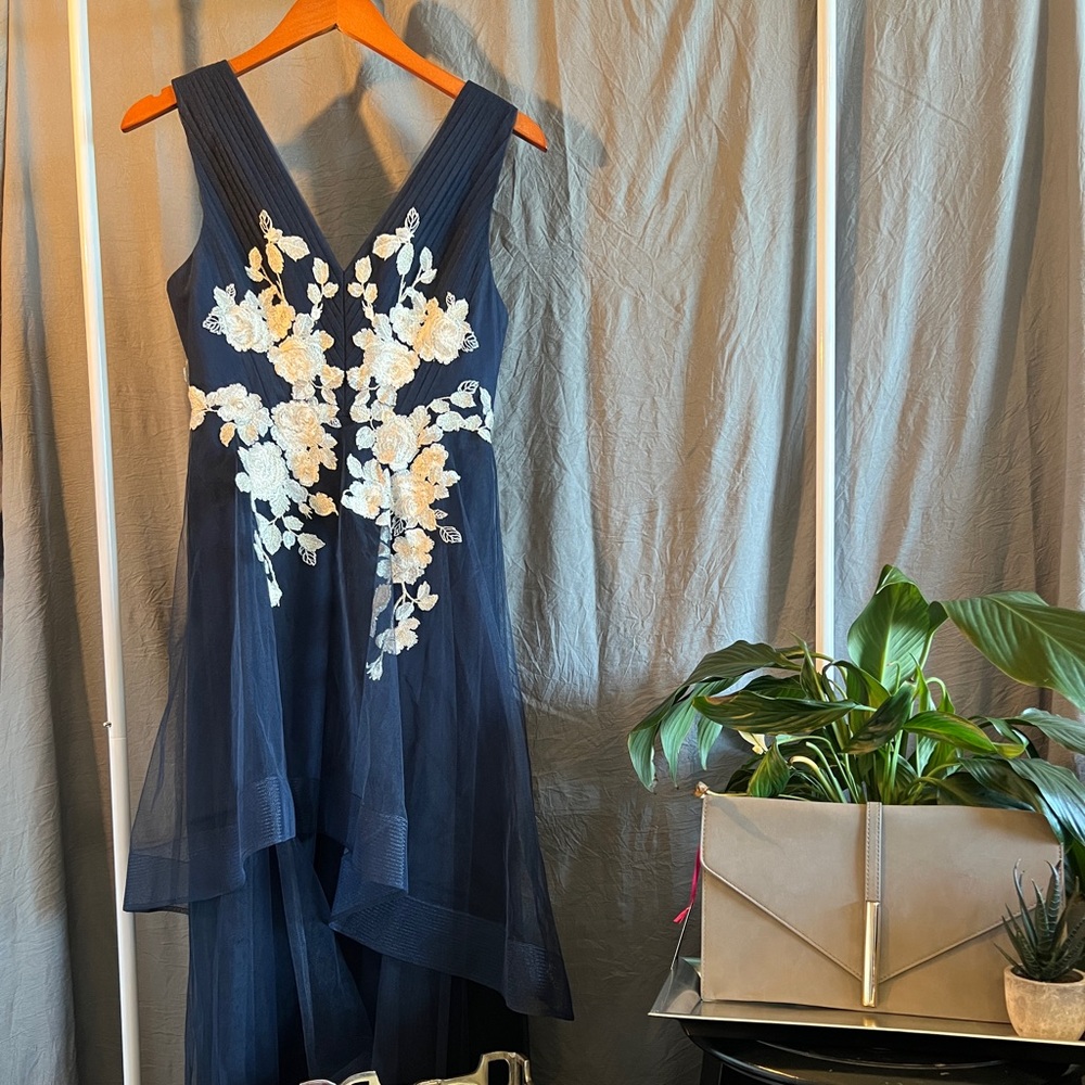 BCBG Navy Tulle Evening Gown with Ivory Floral Appliqué